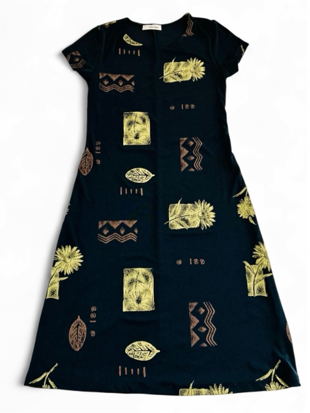 Vintage 90s Peony Black Gold Pineapple Tropical Print Short Sleeve Dress Size XS